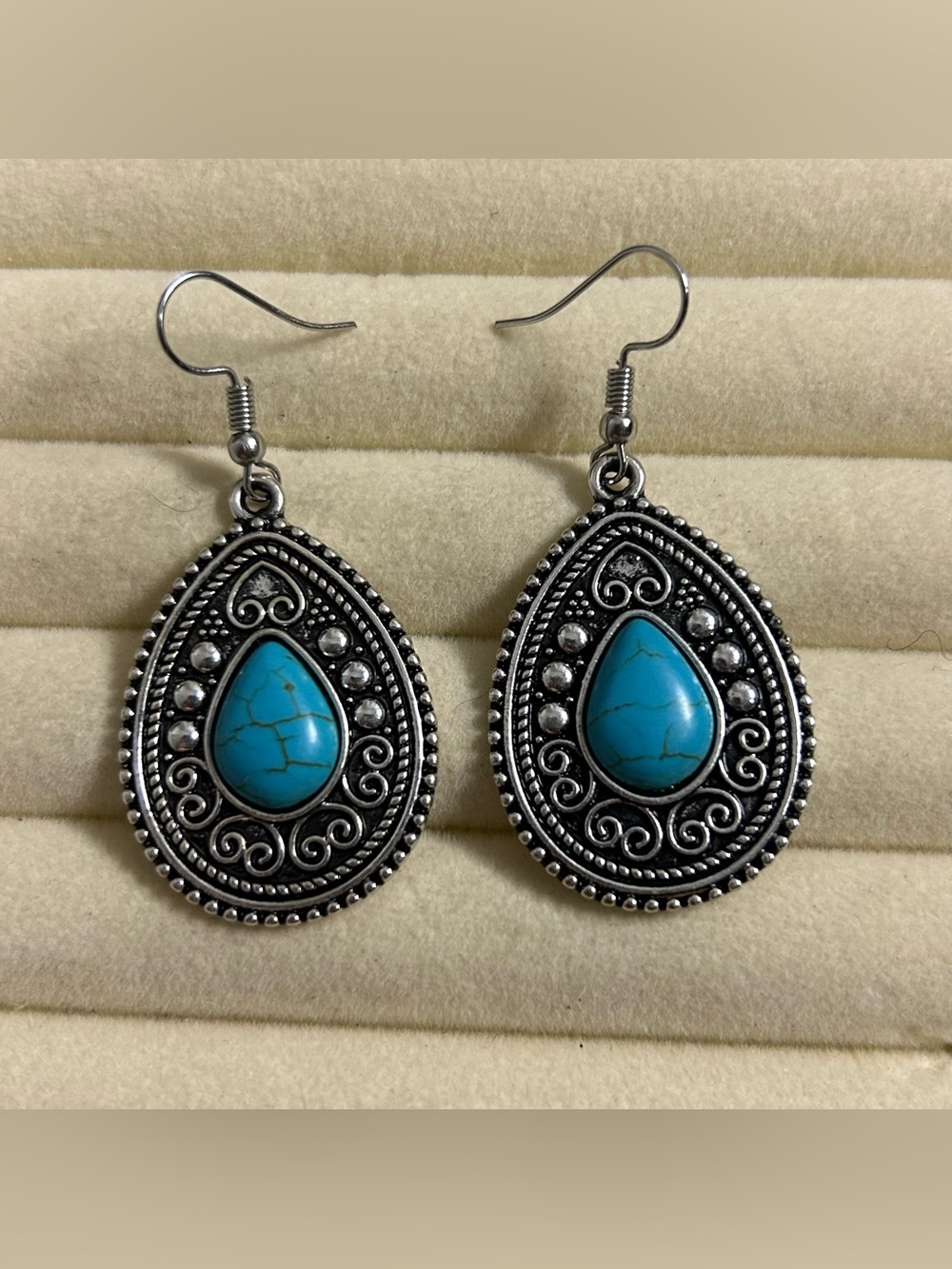 Silver-Tone Teardrop Earrings with Turquoise Stone